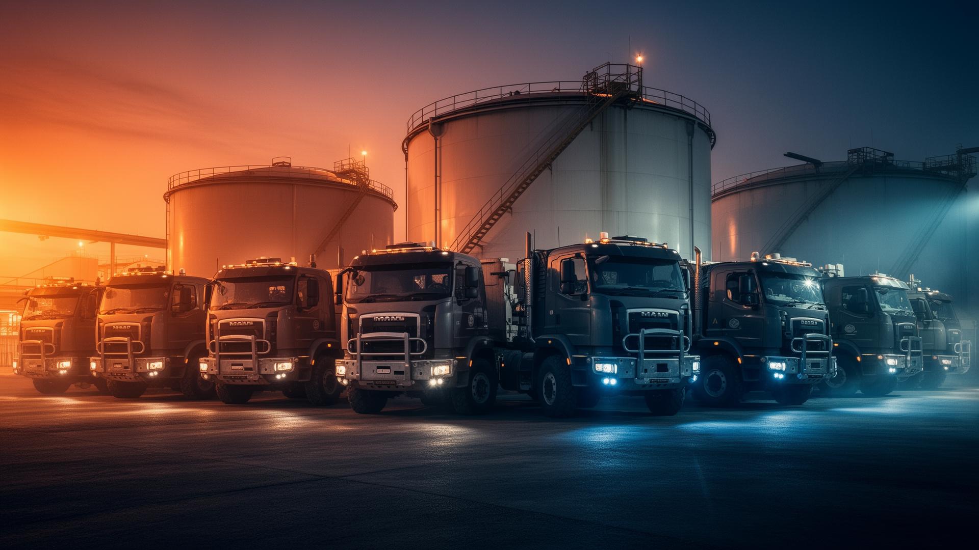 Caminhões diesel e tanques de combustível em terminal industrial ao entardecer